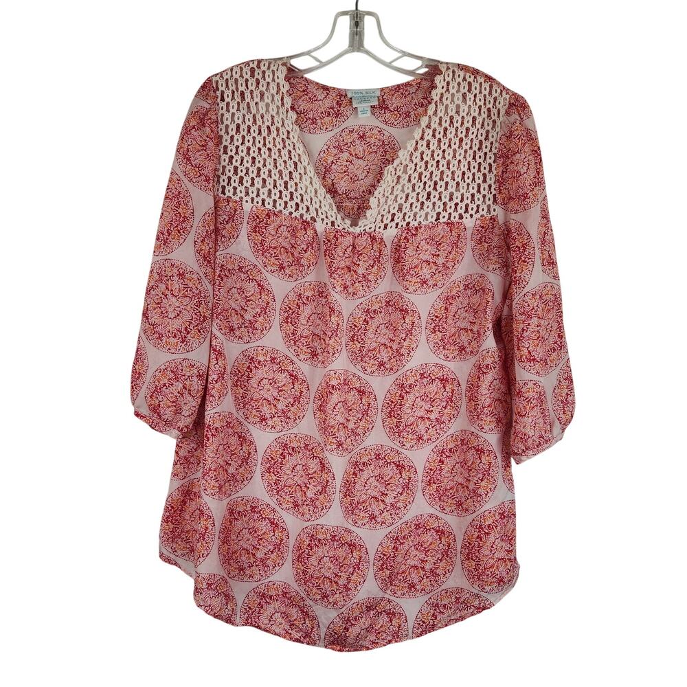 Calypso St. Barth Pink Floral Bohemian Blouse Lace Detail Womens Large 100% Silk